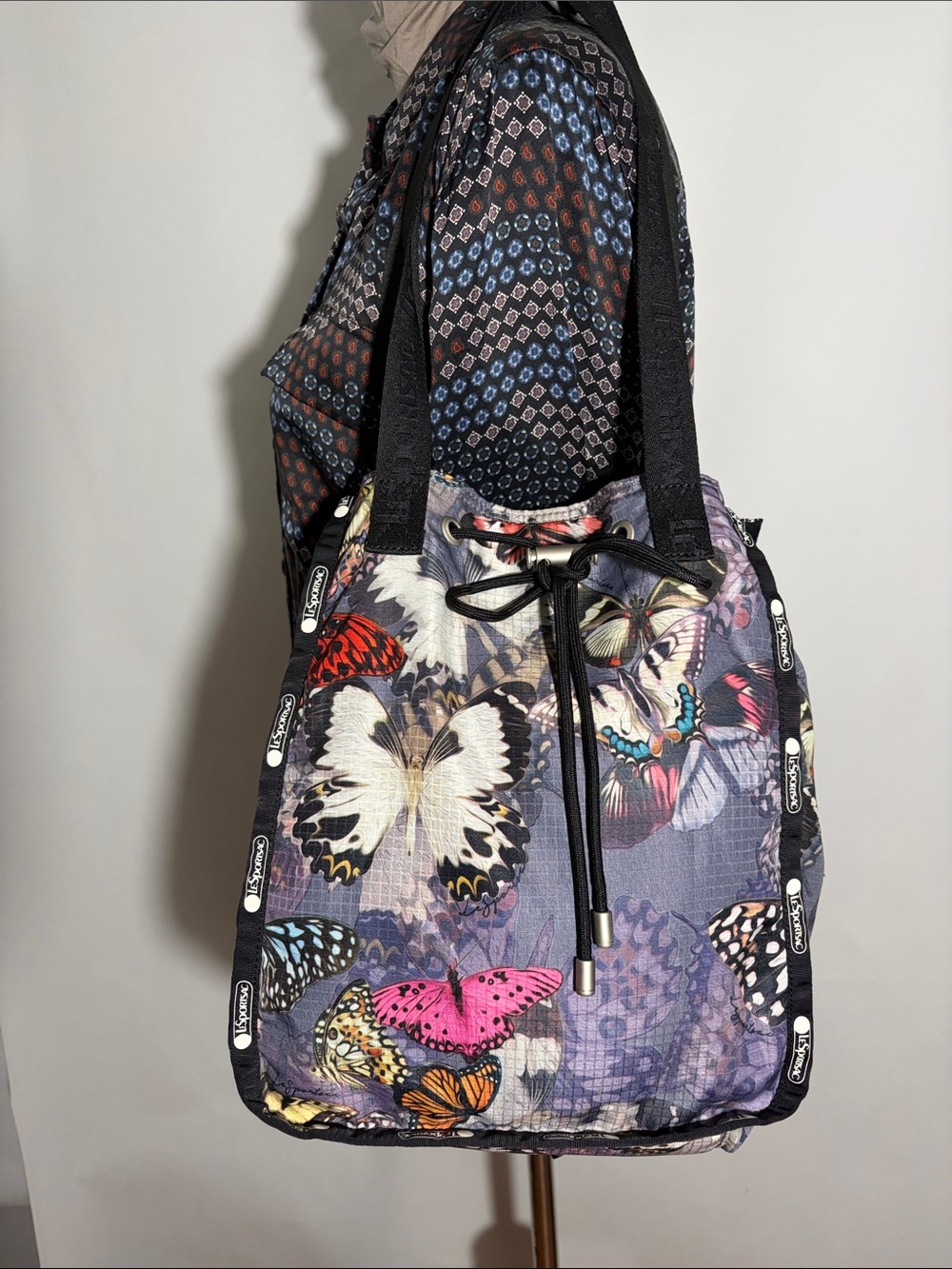 LeSportsac Nadine Butterfly Purse Drawstring Bucket Tote Shoulder Bag